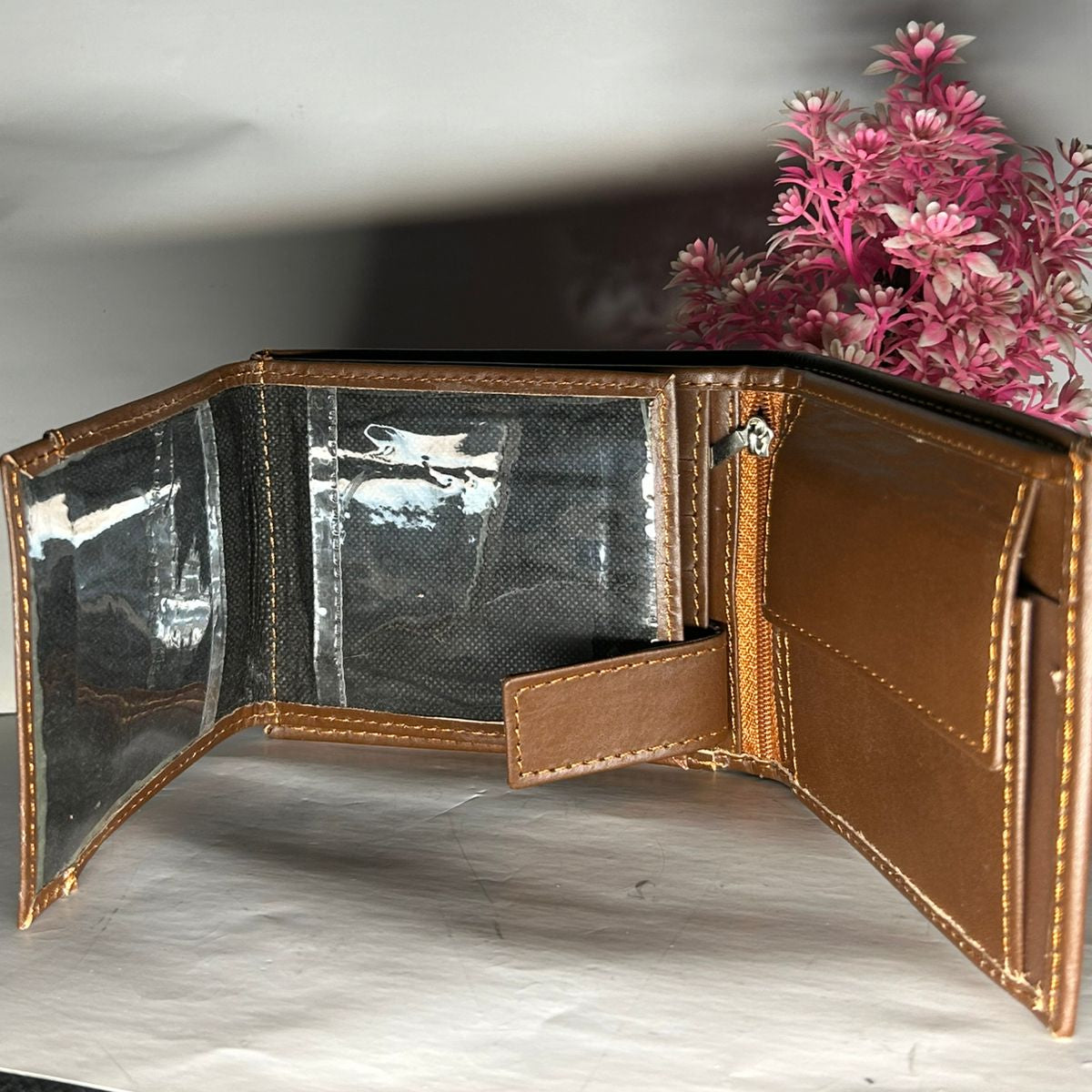 Genuine Leather Men's Zipper Coin Purse Leather Wallet For Men Tri-fold Wallet Clasp Black Brown